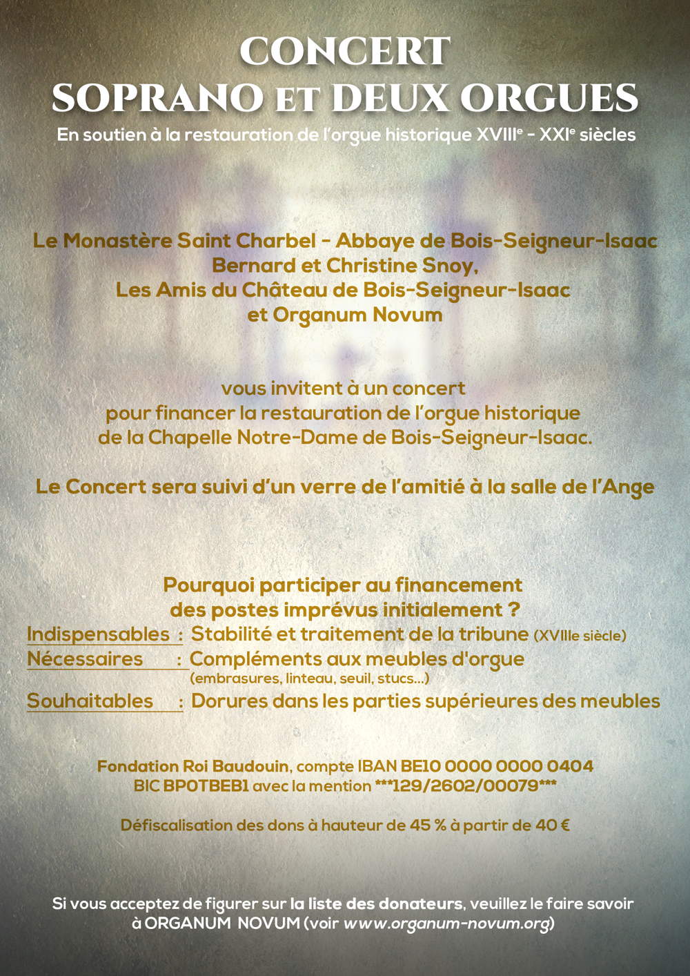 Affiche. Abbaye de Bois-Seigneur-Isaac. Concert soprano et deux orgues. François Houtart (Auteur de projet), Sophie Galitzine (Soprano) et Robert de Pauw (Organiste). 02. 2023-06-18